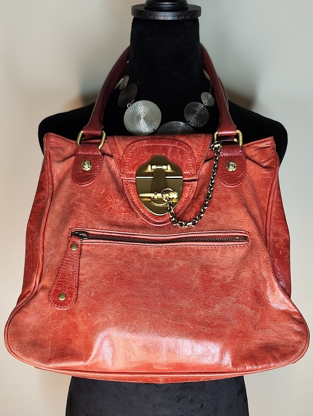 Red Distressed Leather Shoulder Bag | Y2K Boho Grunge Tote Purse Vintage